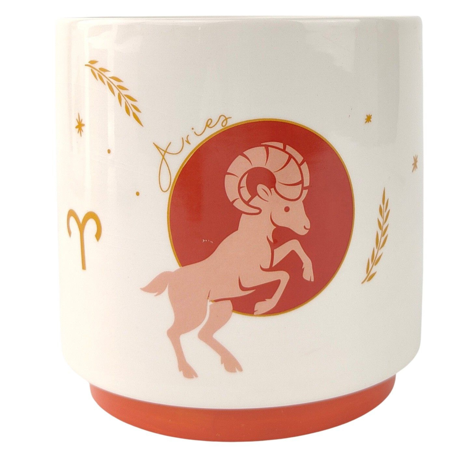 Ceramic mug with Aries zodiac design on a white background