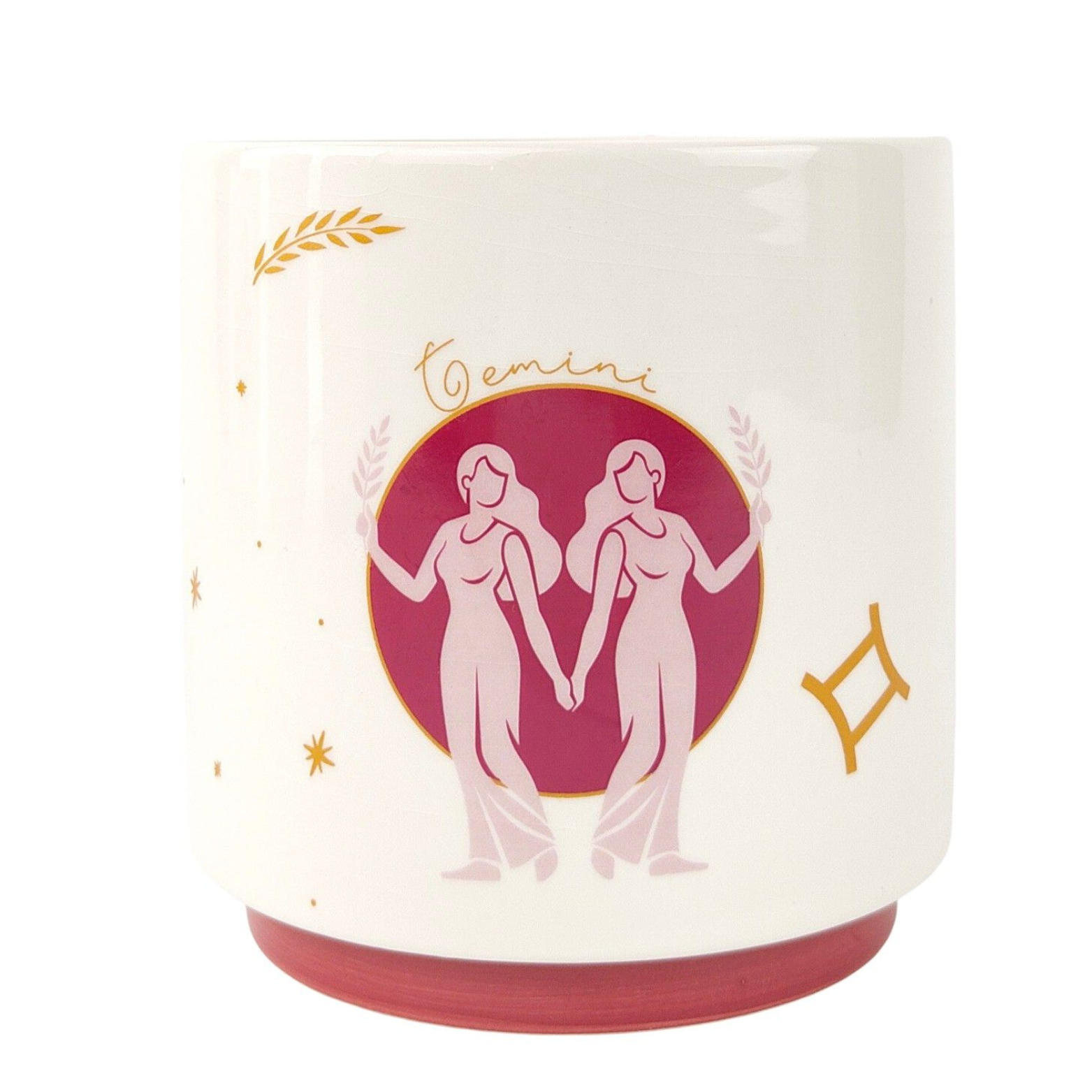 Ceramic mug with Gemini zodiac design on a white background