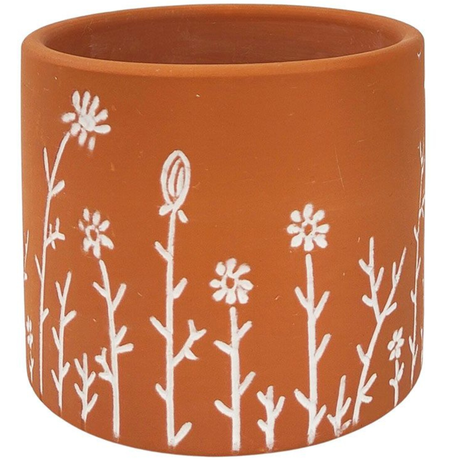 Terracotta pot with white floral patterns on a white background